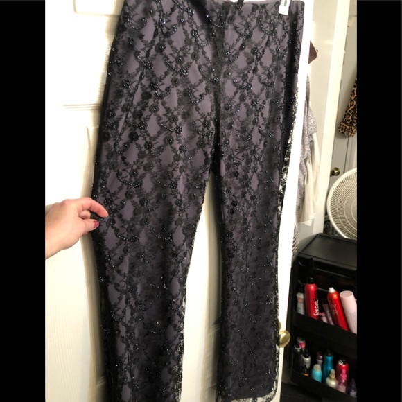 SHELLY SEGAL Satin, lace beaded cropped dress pants  violet/ black EUC - Picture 1 of 5